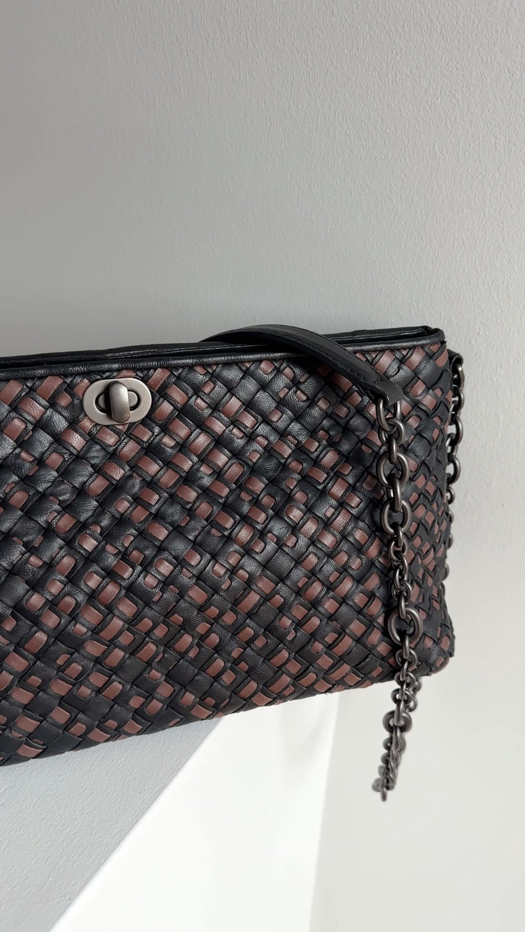 Bottega Veneta Black and Brown Intrecciato Leather Chain Bag