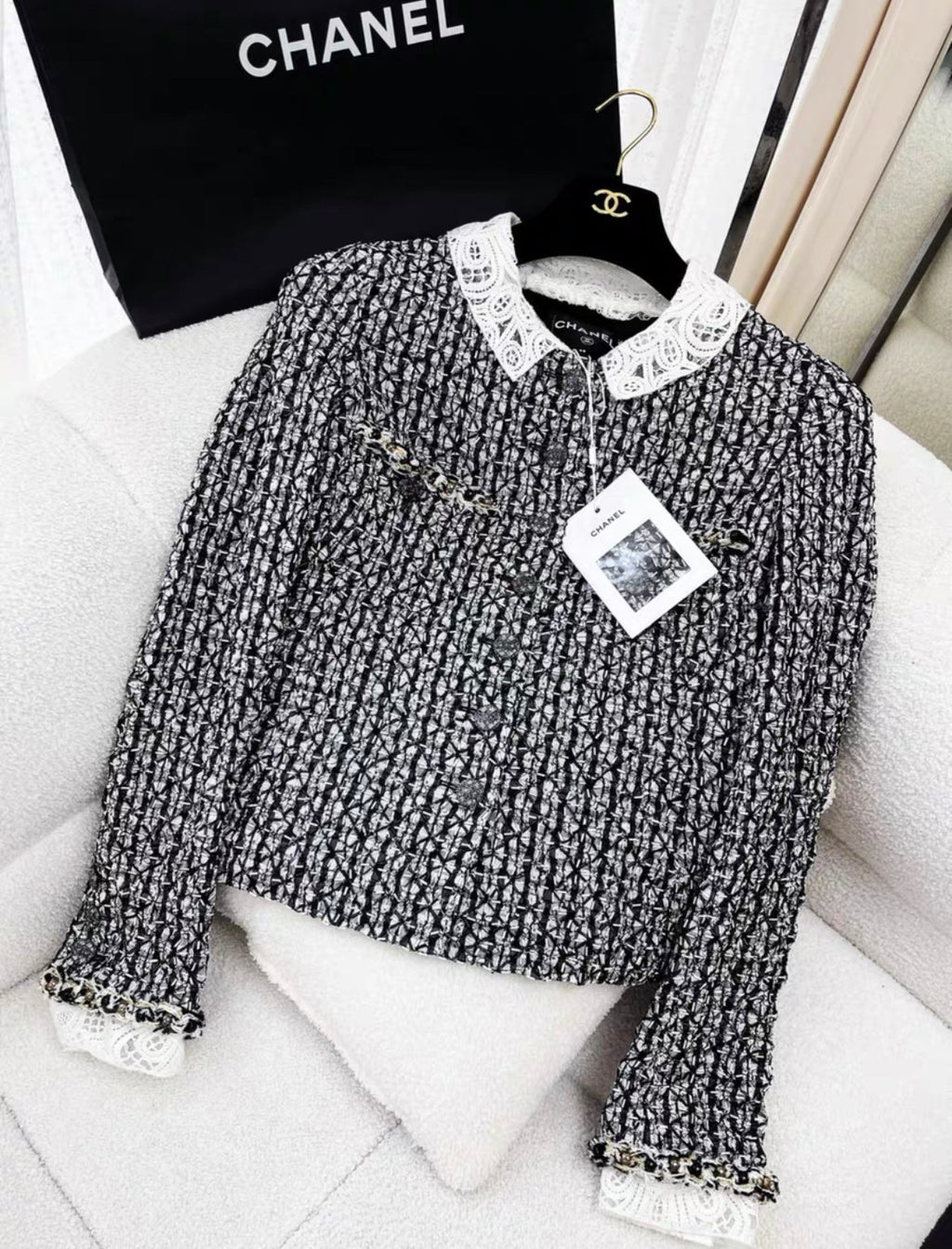 Chanel 23A tweed black and white collar jacket