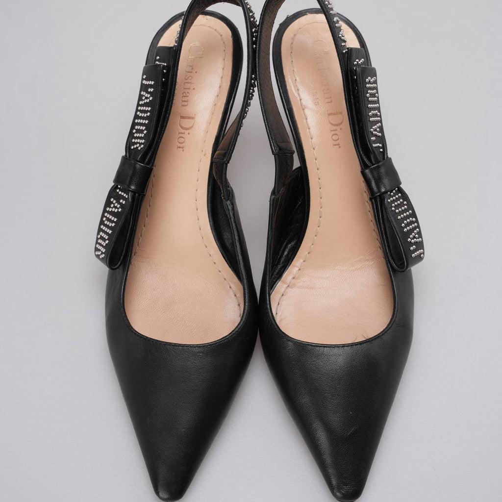 Christian Dior Black Leather Studded J'adior Slingback Pumps Size 37.5