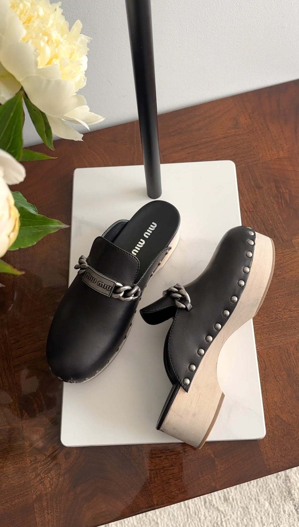 Miu Miu Black Leather Logo Chain Plaque Wood Clogs - 40