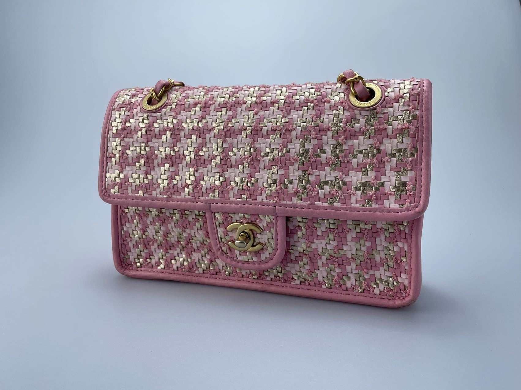 Chanel Classic Single Flap Bag Pink Woven 23C Gold Hardware