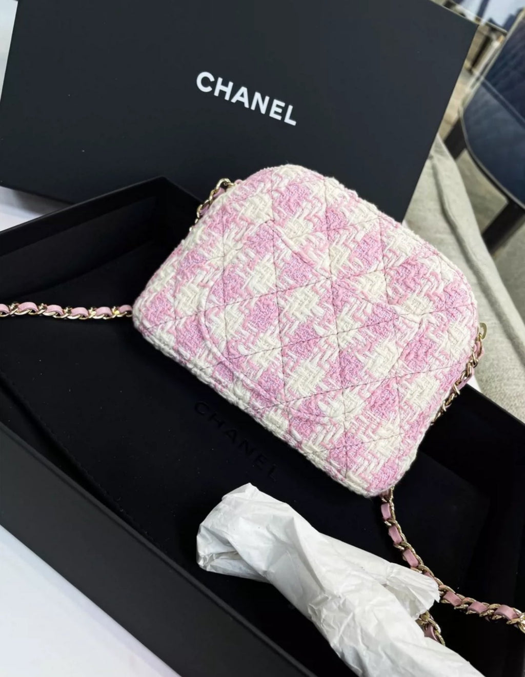 Chanel 24k pink tweed shell chain bag