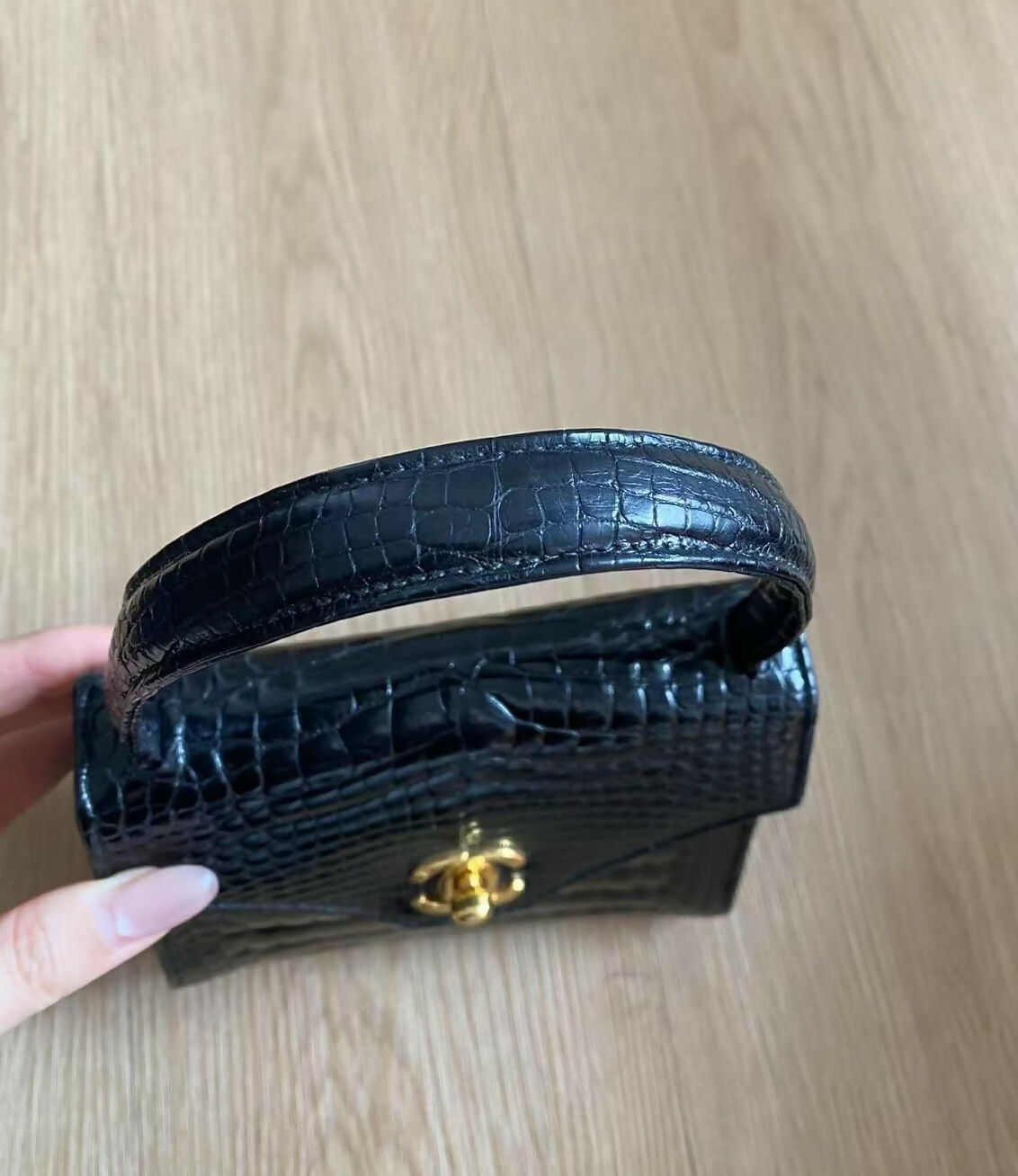 Chanel Vintage Black Crocodile Top Handle Kelly Bag