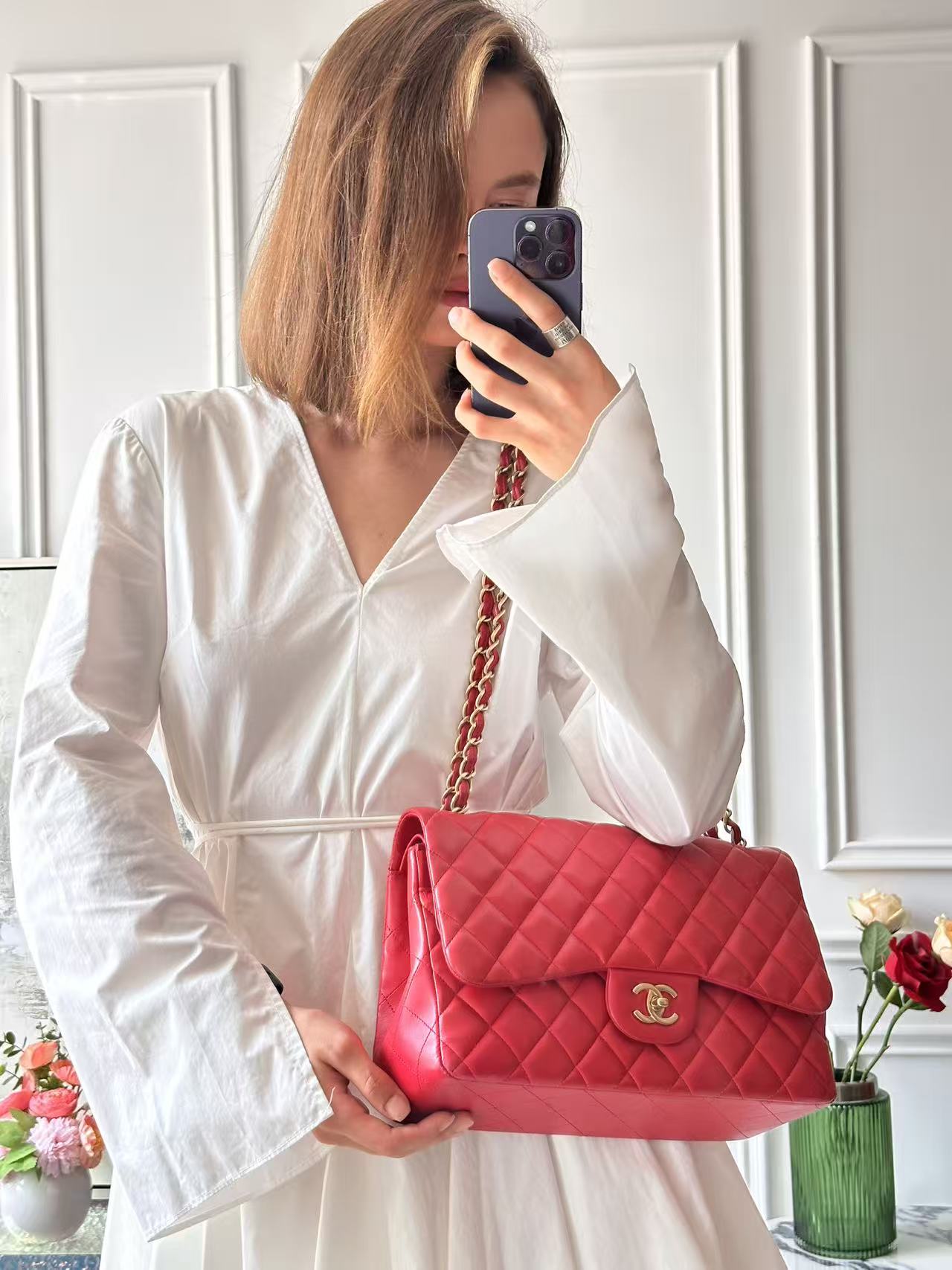 Chanel Timeless Classic Double Flap Jumbo Bag Red Lambskin