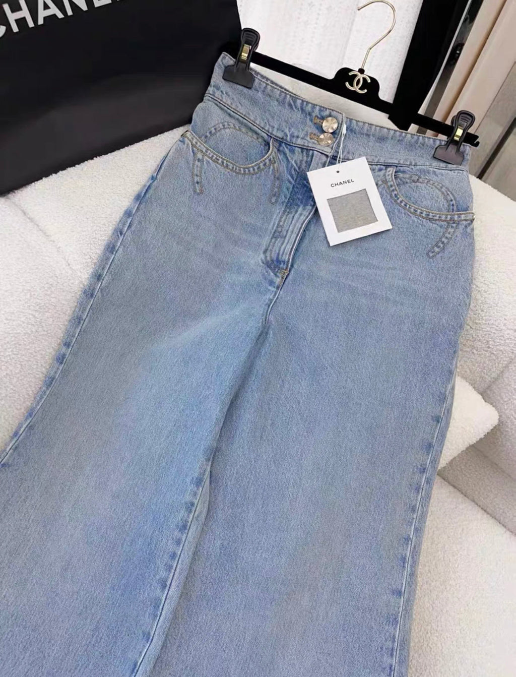 Chanel 20P blue denim wide-leg pants size 38