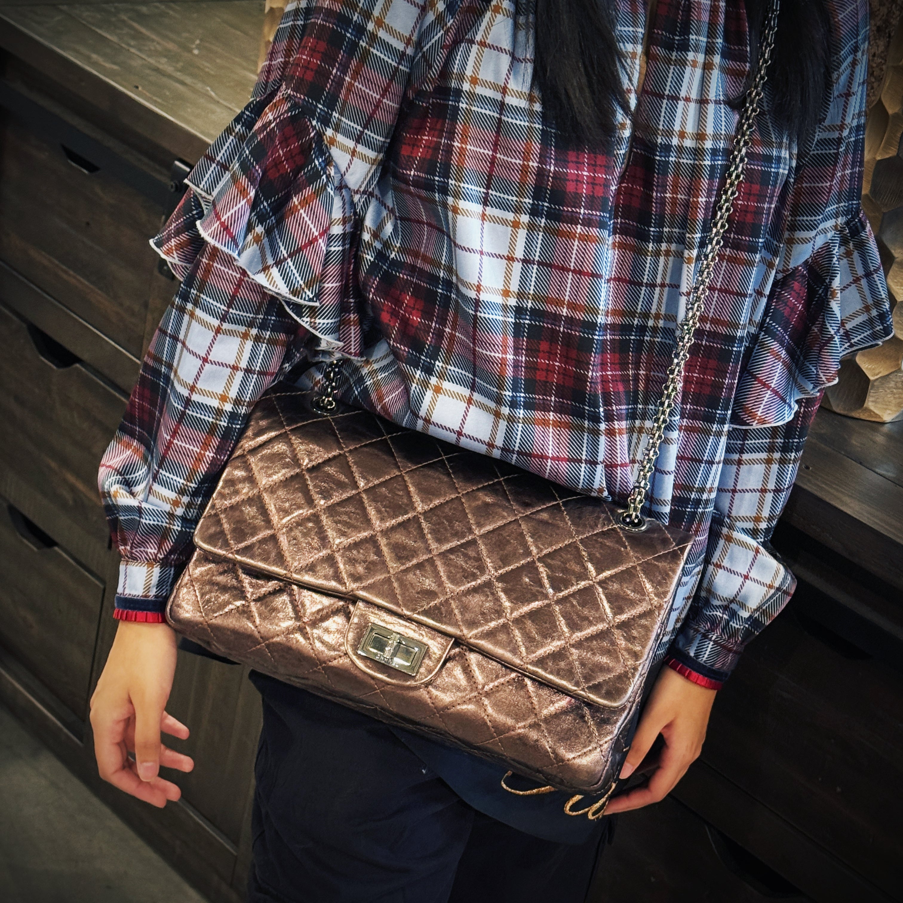 Chanel Metallic Charcoal Calfskin 2.55 Reissue 227 Double Flap Bag TWS