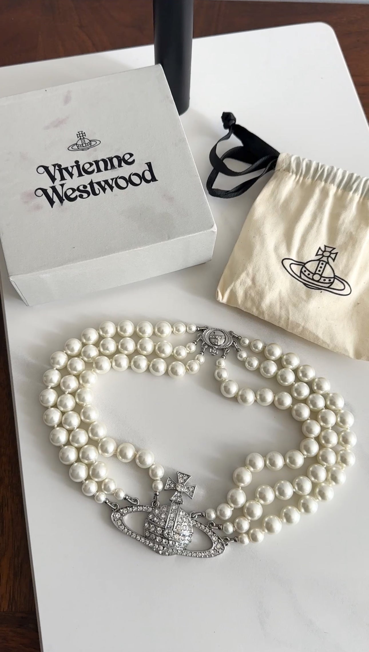 Vivienne Westwood Pearl and Crystal Orb Triple Bas Relief Choker Necklace