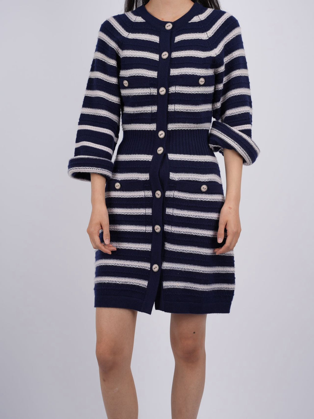 CHANEL cashmere Striped Dress in Navy Blue and White FR 34