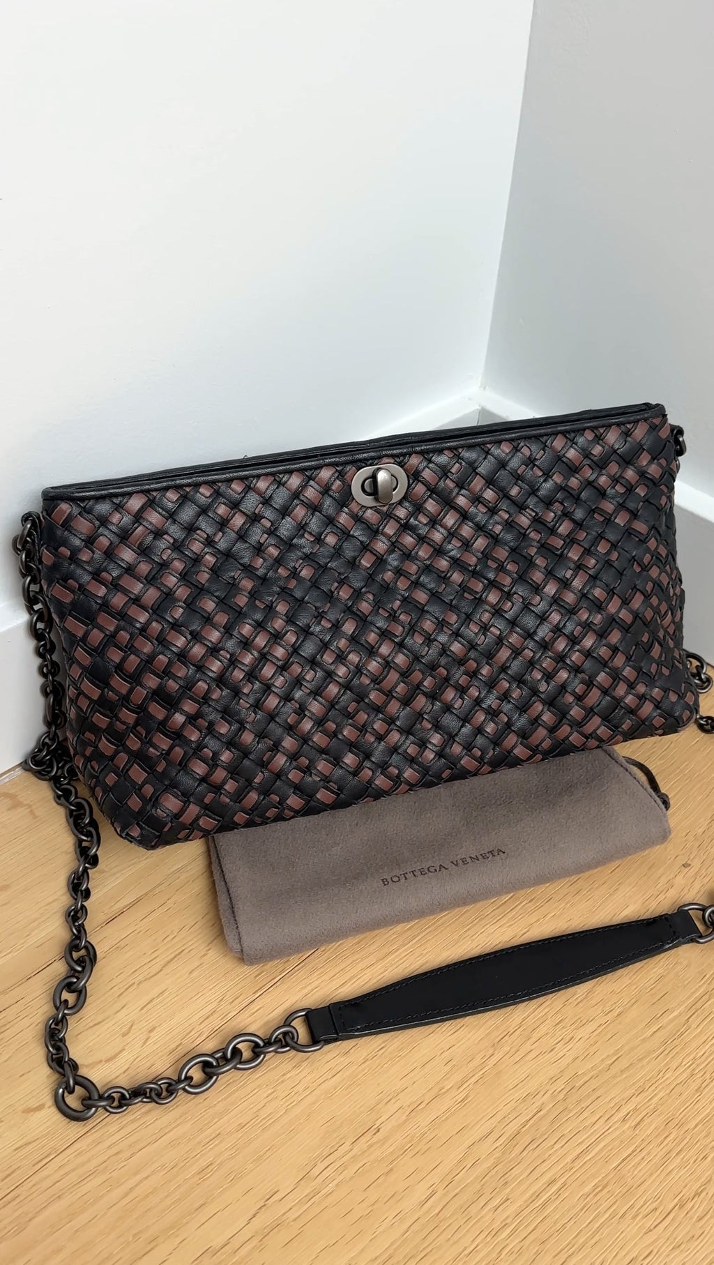 Bottega Veneta Black and Brown Intrecciato Leather Chain Bag