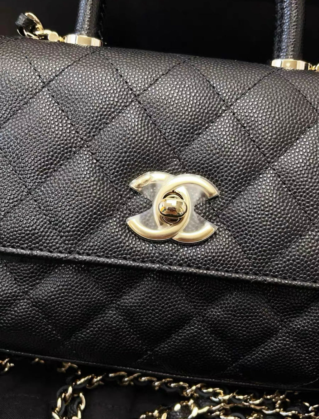 Chanel 24K Nano Coco Top Handle Flap Bag Black Caviar Light Gold Hardware