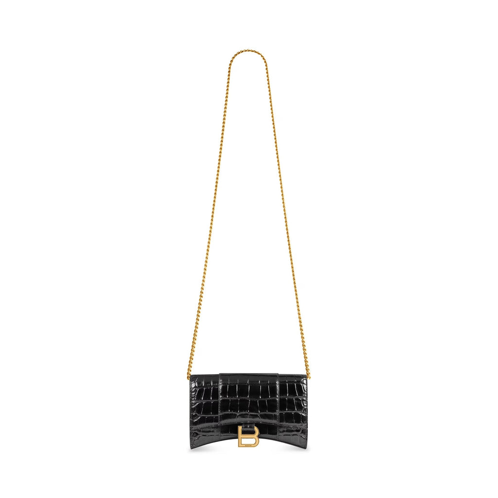 BALENCIAGA HOURGLASS CROC EMBOSSED WALLET ON CHAIN