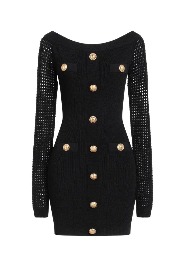 BALMAIN OFF THE SHOULDER MESH KNIT DRESS