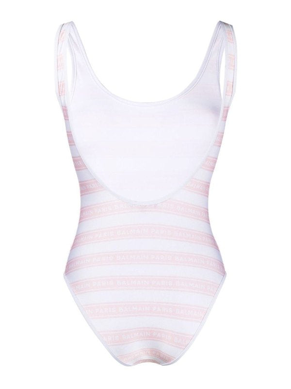 BALMAIN OPEN BACK STRIPED SWIMSUIT