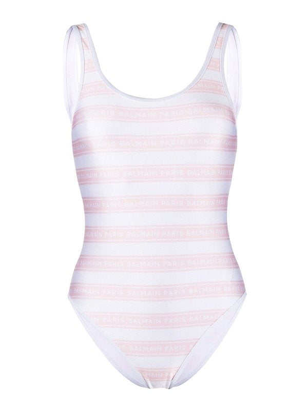 BALMAIN OPEN BACK STRIPED SWIMSUIT