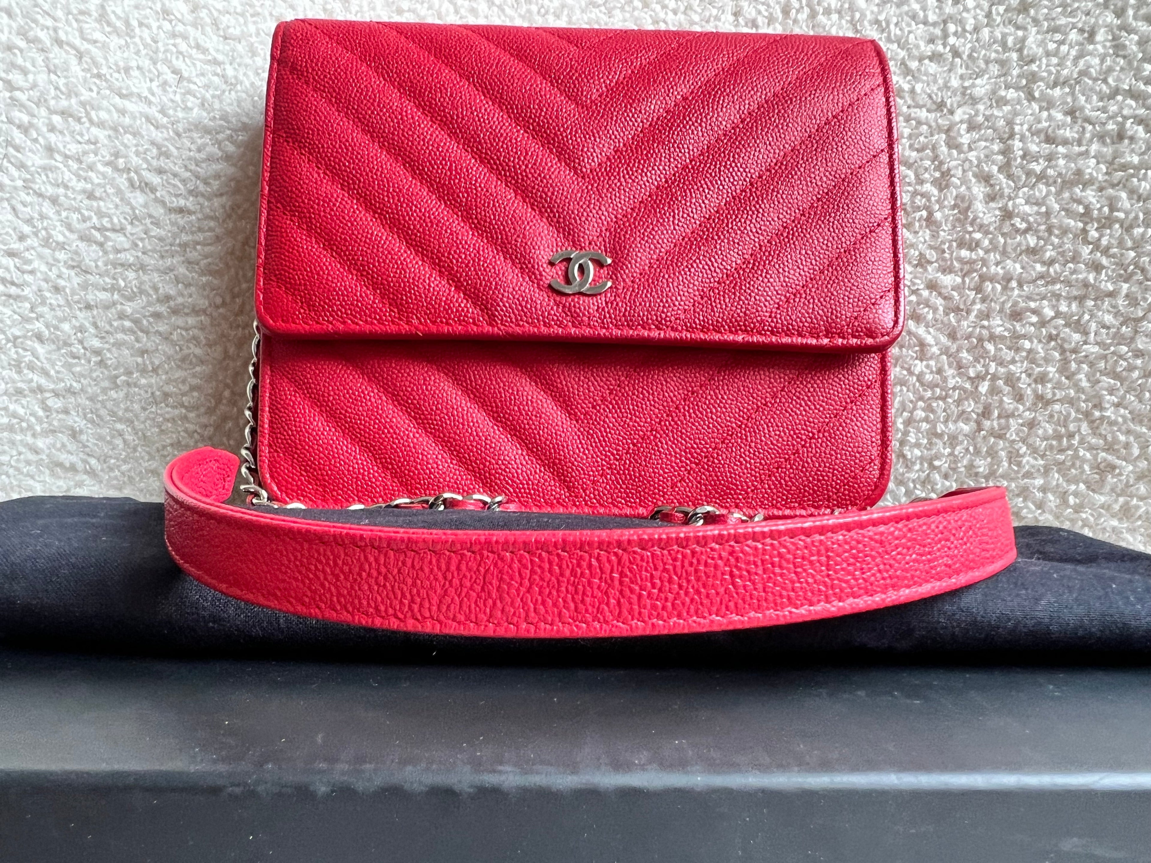 Chanel Red Caviar Chevron Square Wallet on Chain