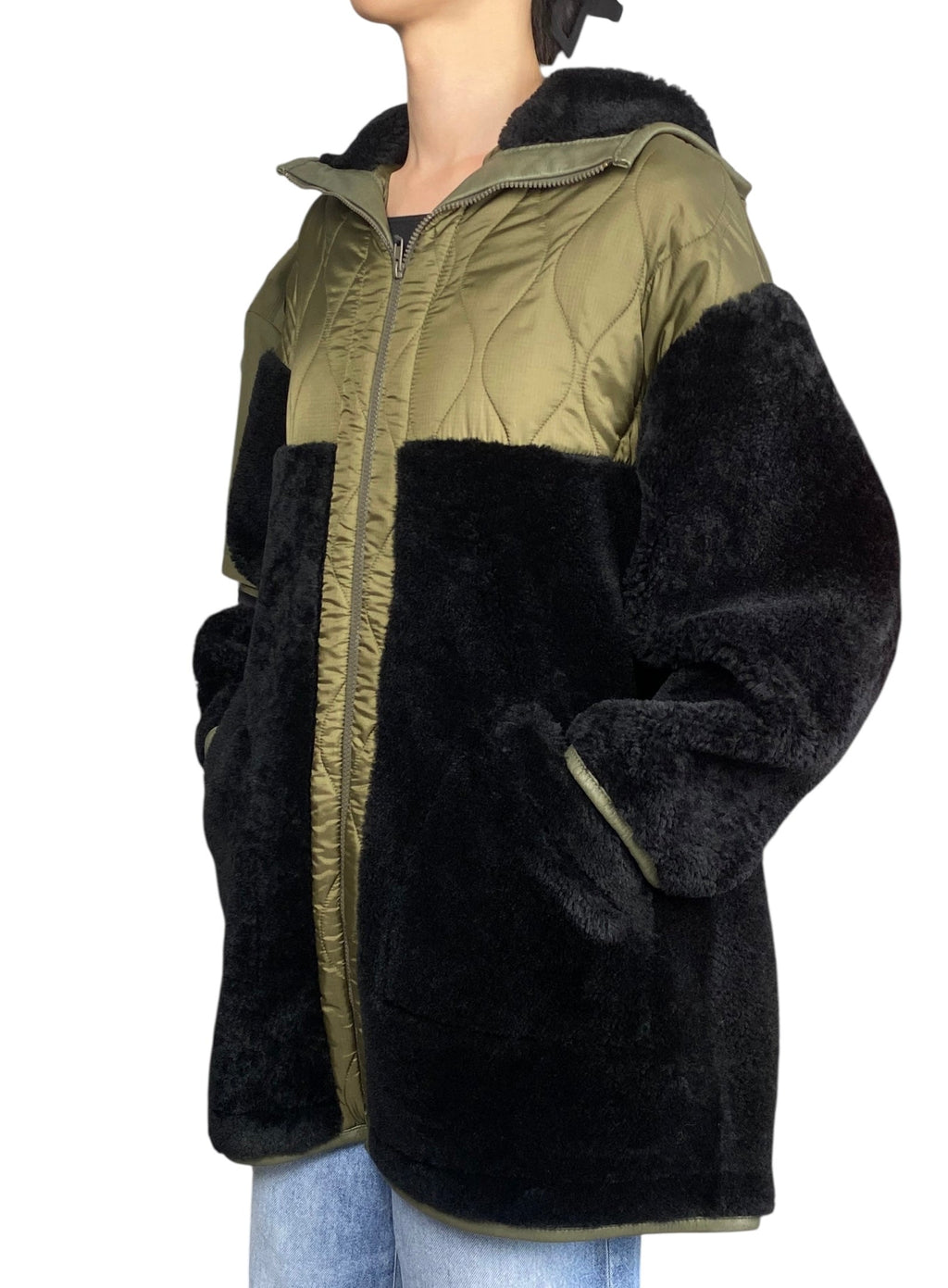Halfboy Green and Black Shearling Hooded Coat - XS
