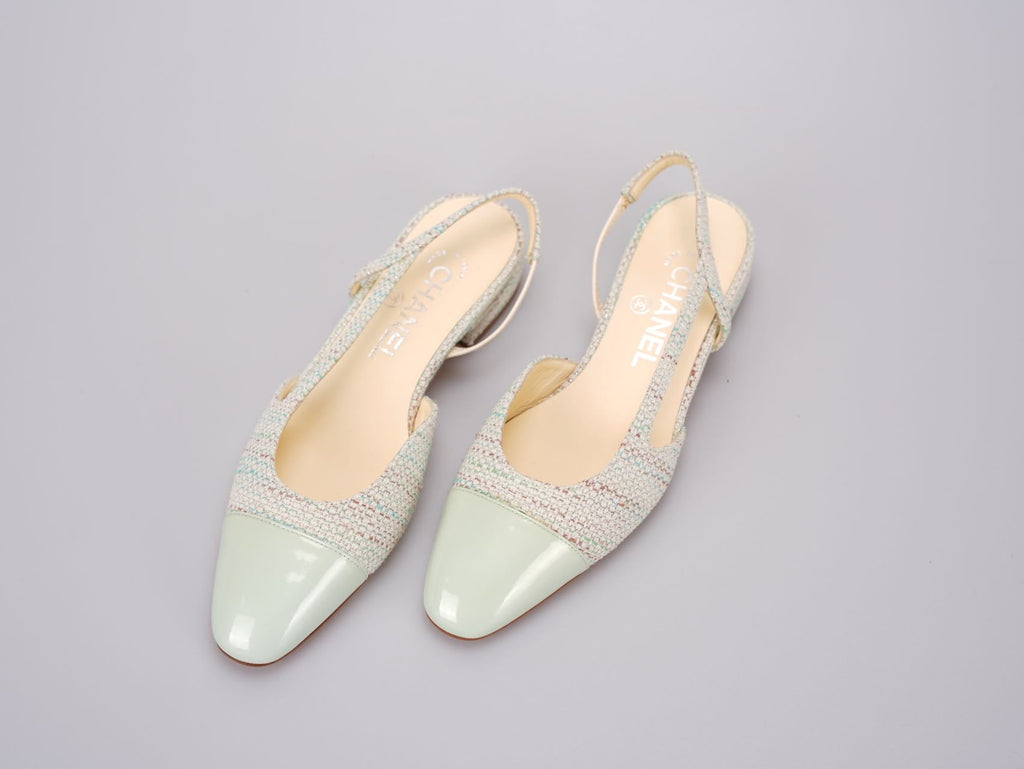 Chanel Light Green Tweed Slingback Patent Cap Toe Ballerinas 36