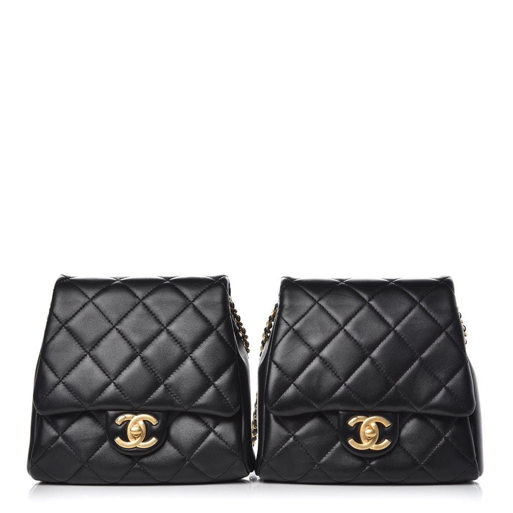 Chanel Lambskin Quilted Side Packs Black Small Double Bag with Pearls Chain with CC Logo