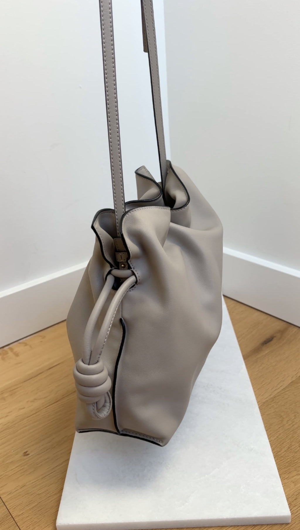 Loewe Light Grey Leather Flamenco Knot Medium Drawstring Bag