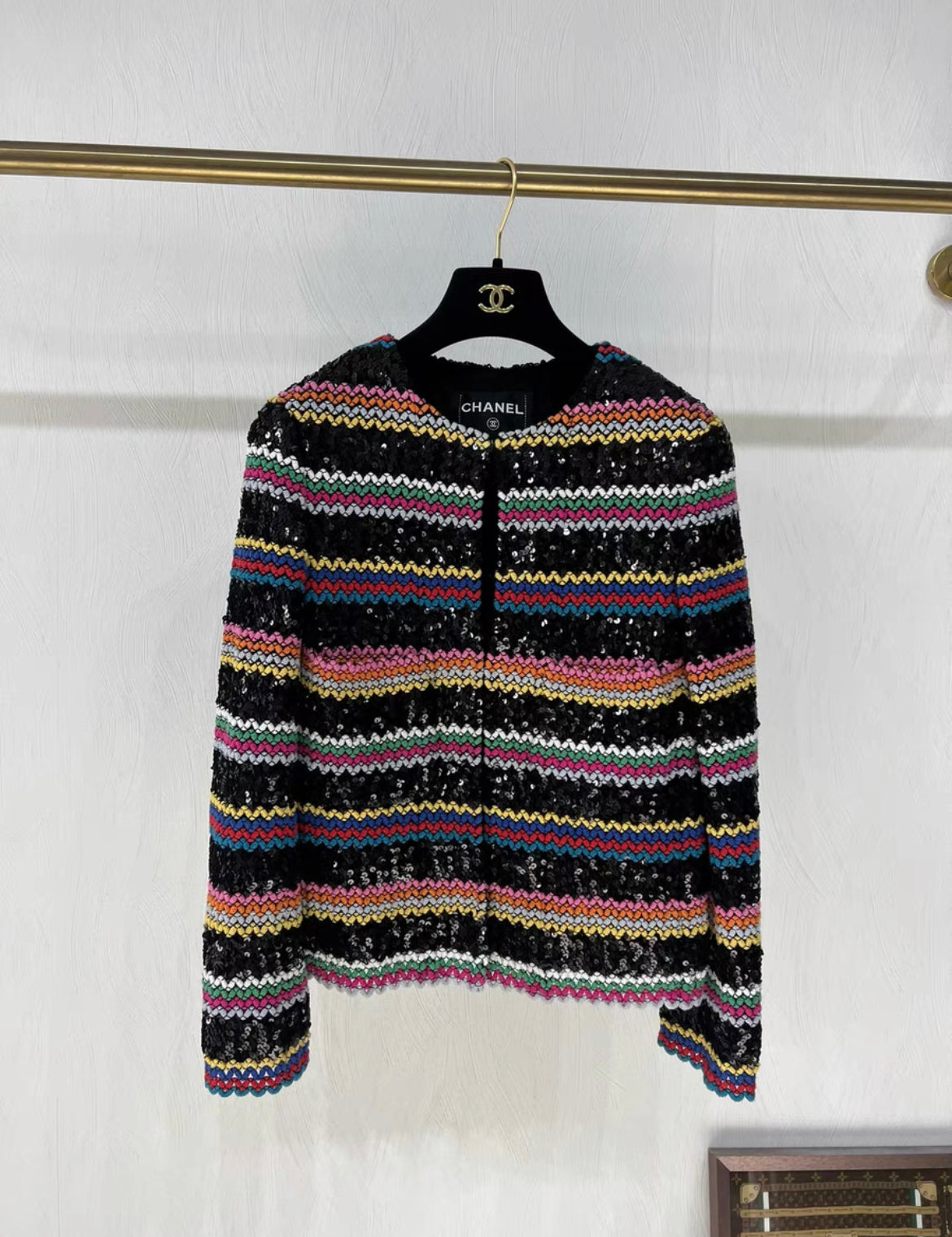 Chanel 22S striped colorful woven sequined jacket FR34