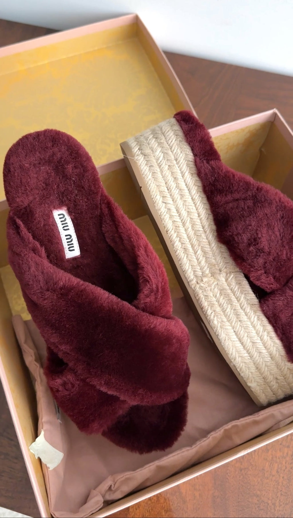 Miu Miu Burgundy Shearling Platform Espadrilles - 39