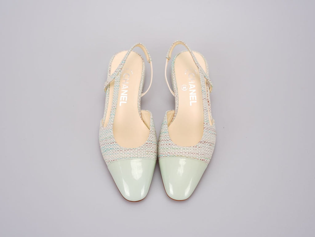 Chanel Light Green Tweed Slingback Patent Cap Toe Ballerinas 36