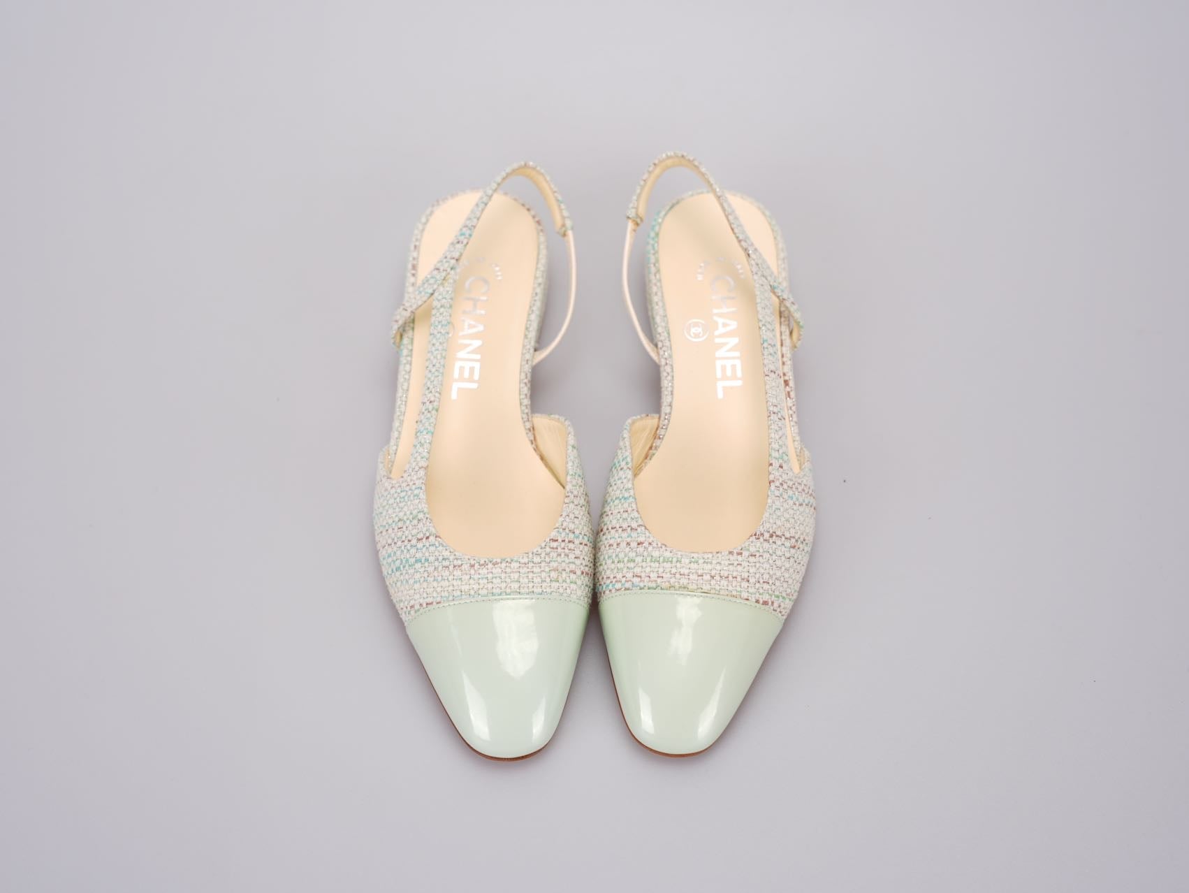 Chanel Light Green Tweed Slingback Patent Cap Toe Ballerinas 36