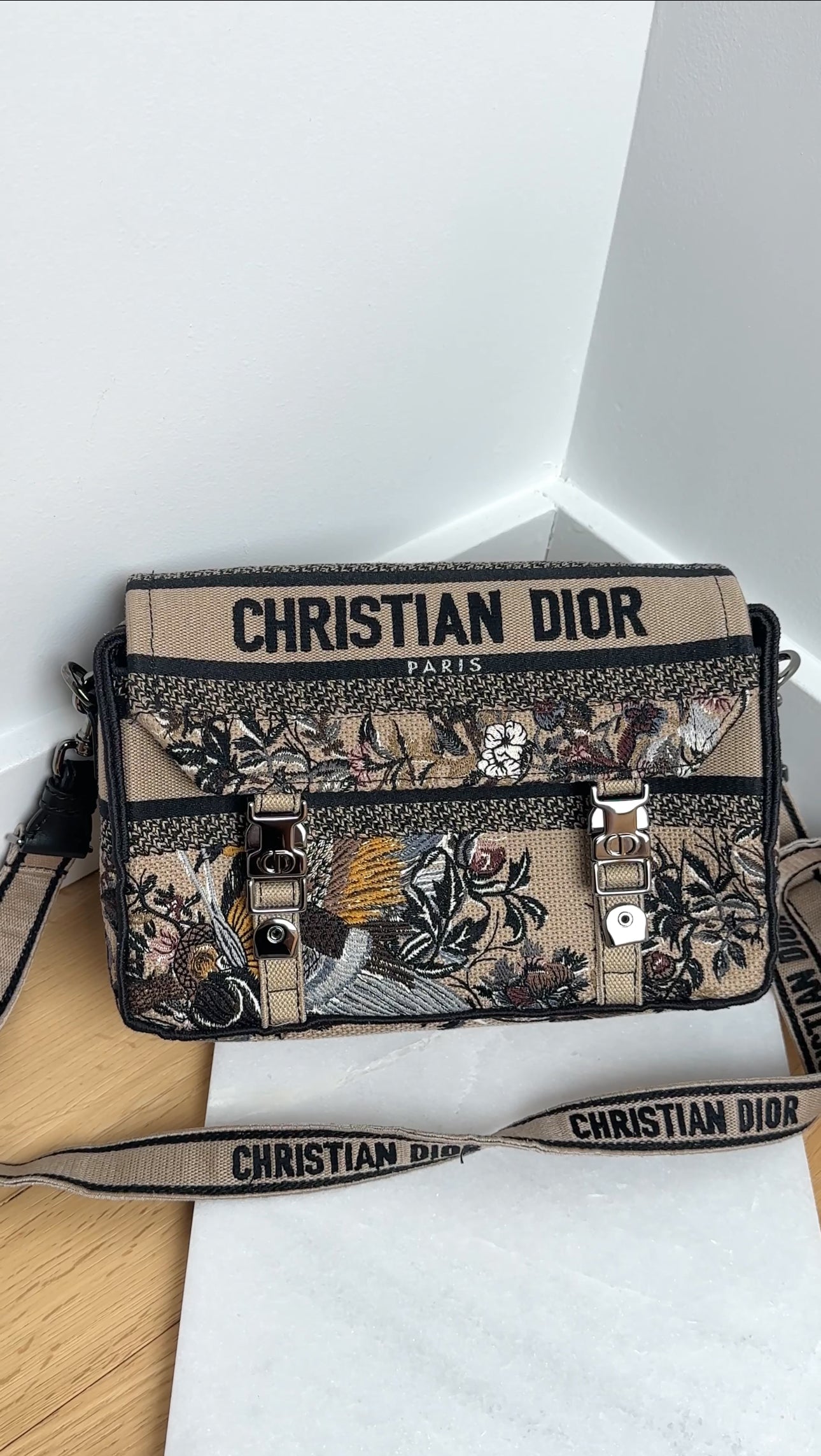 Dior Diorcamp Beige Floral Embroidered Logo Crossbody Messenger Bag
