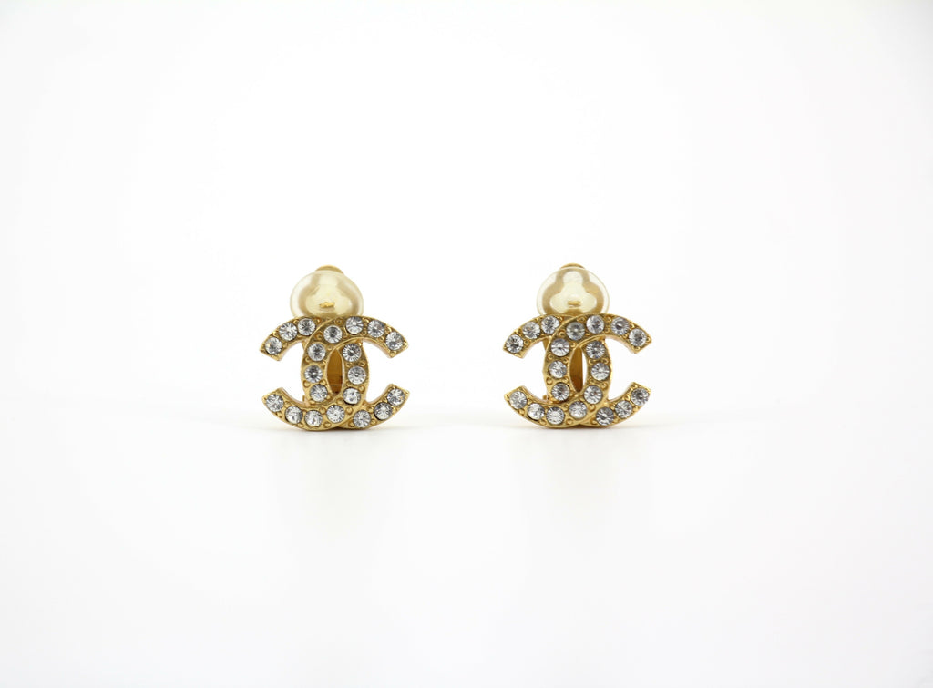 Chanel Vintage 02A Rhinestone Gold-plated CC Mark Clip-on Earrings