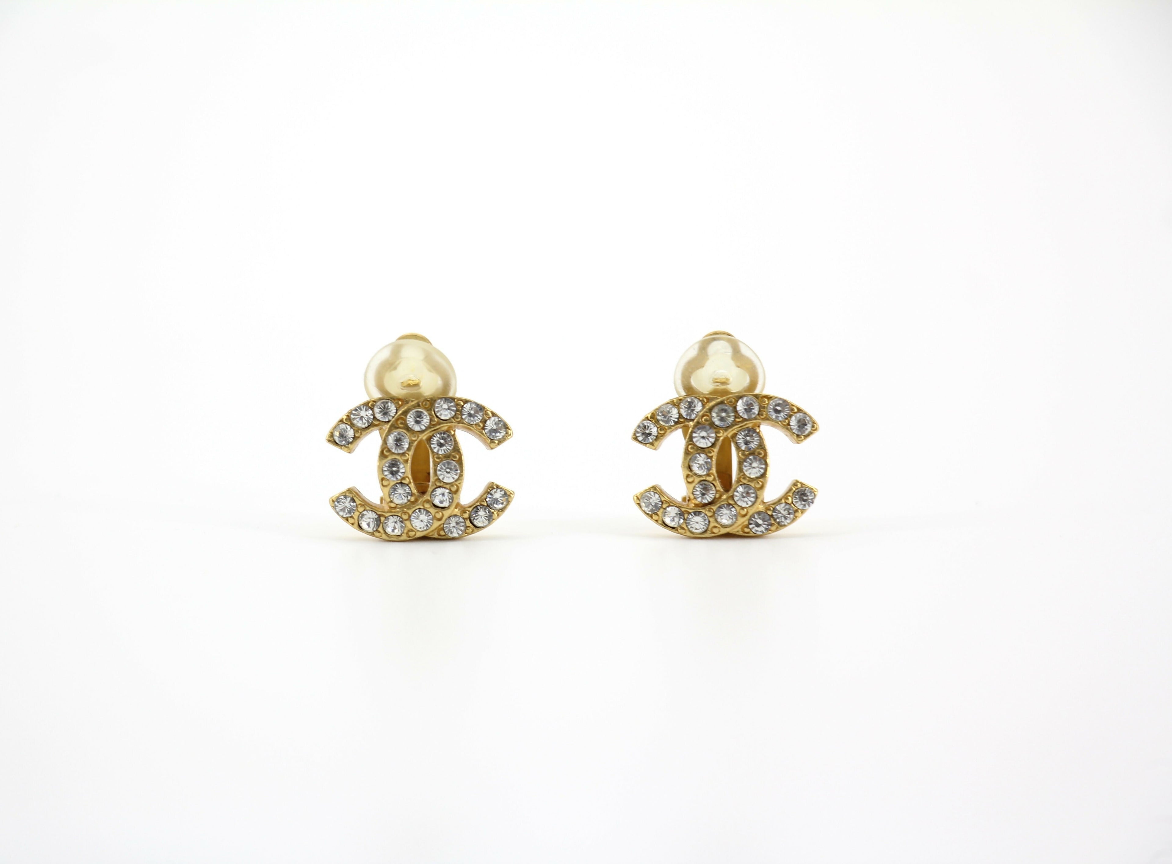 Chanel Vintage 02A Rhinestone Gold-plated CC Mark Clip-on Earrings