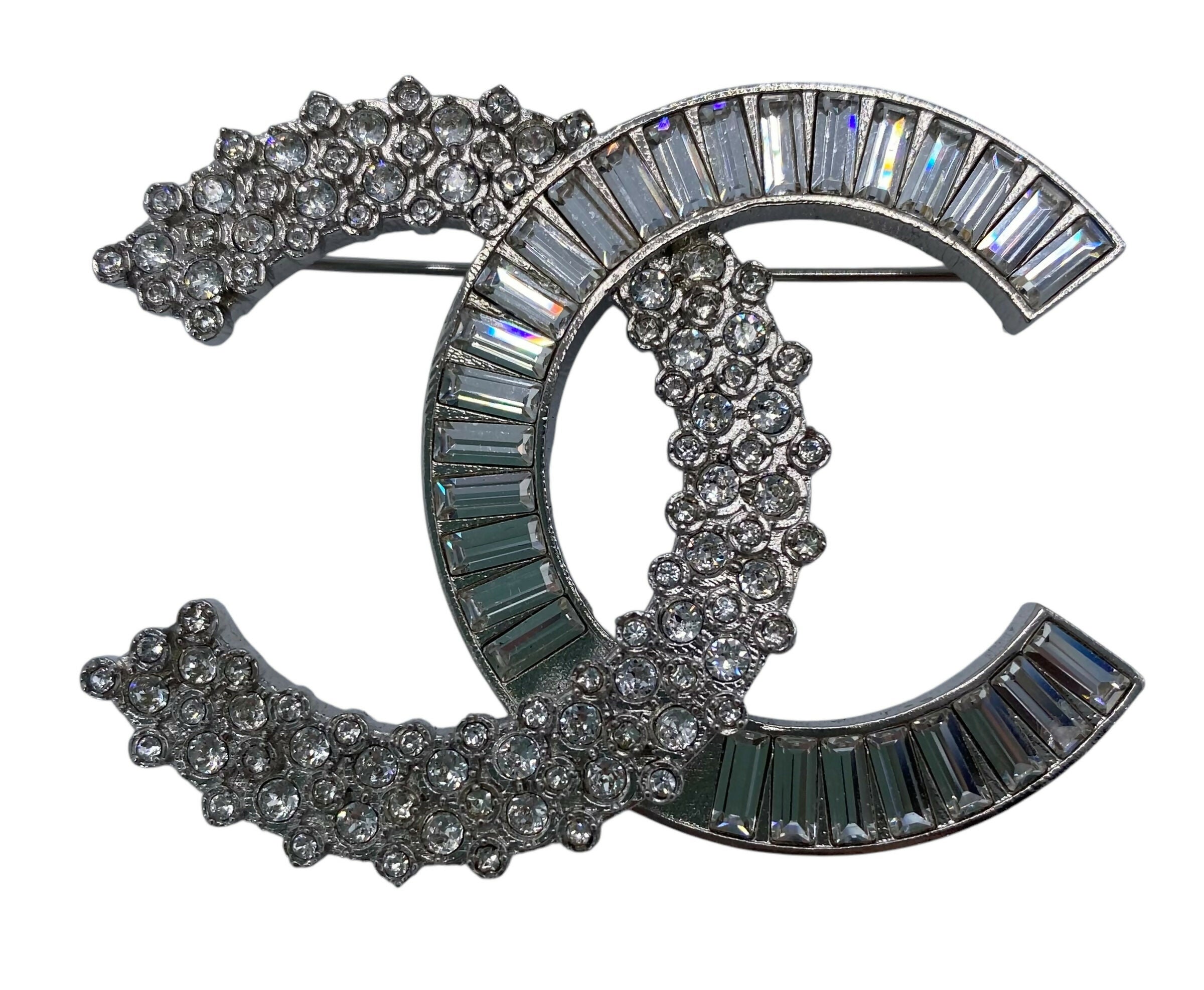 Chanel 2019 Large Silver Crystal Embellished CC Brooch