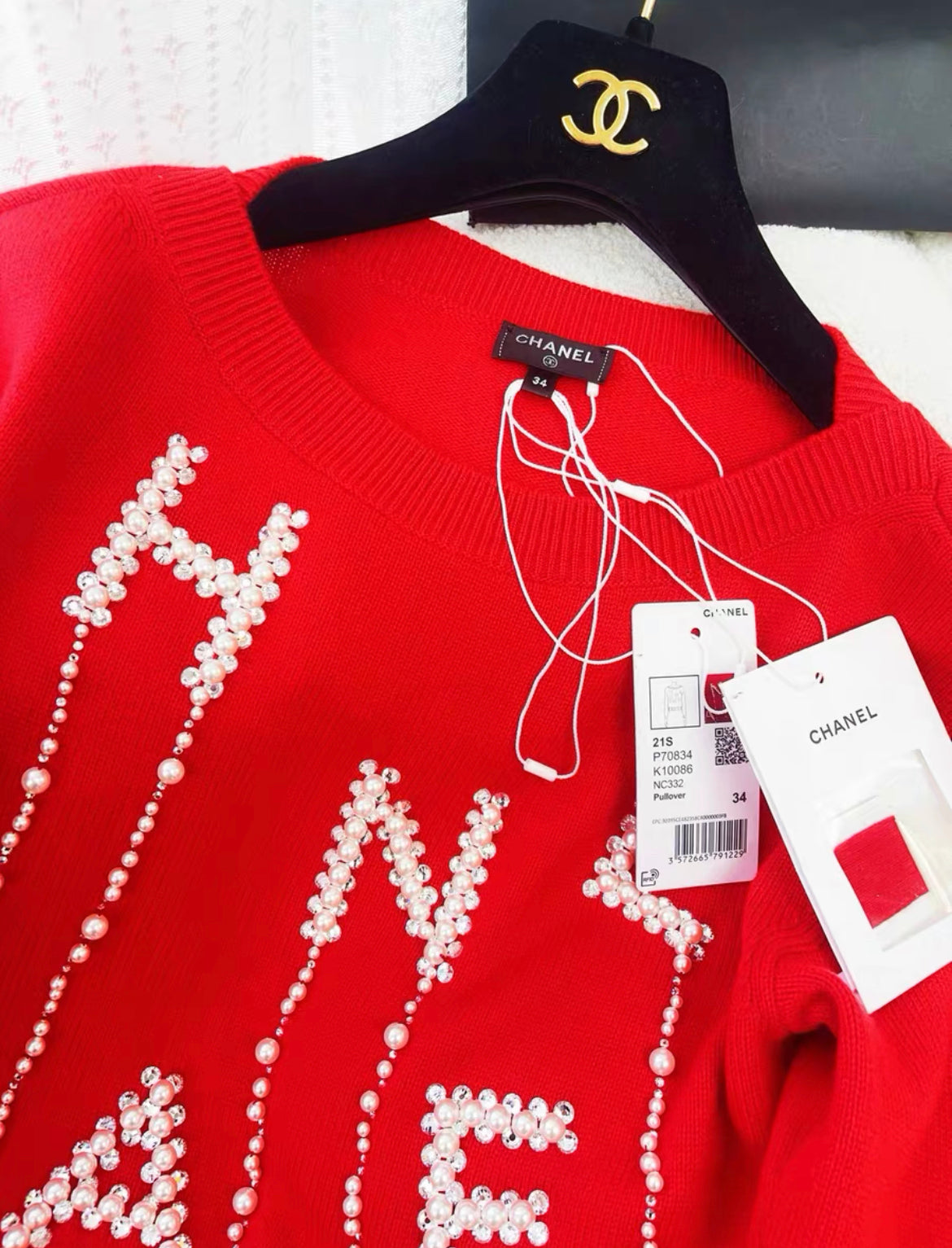 Chanel 21S CC pearl letter red knitted sweater size 34