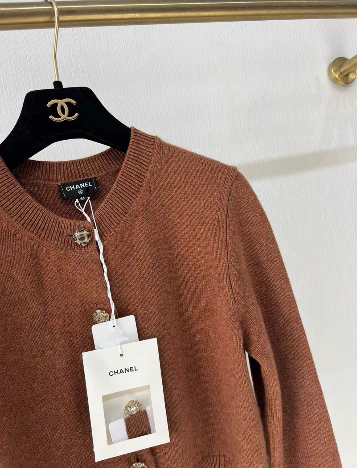 Chanel 24A cashmere igan Brown Color with rhinestone button size 36