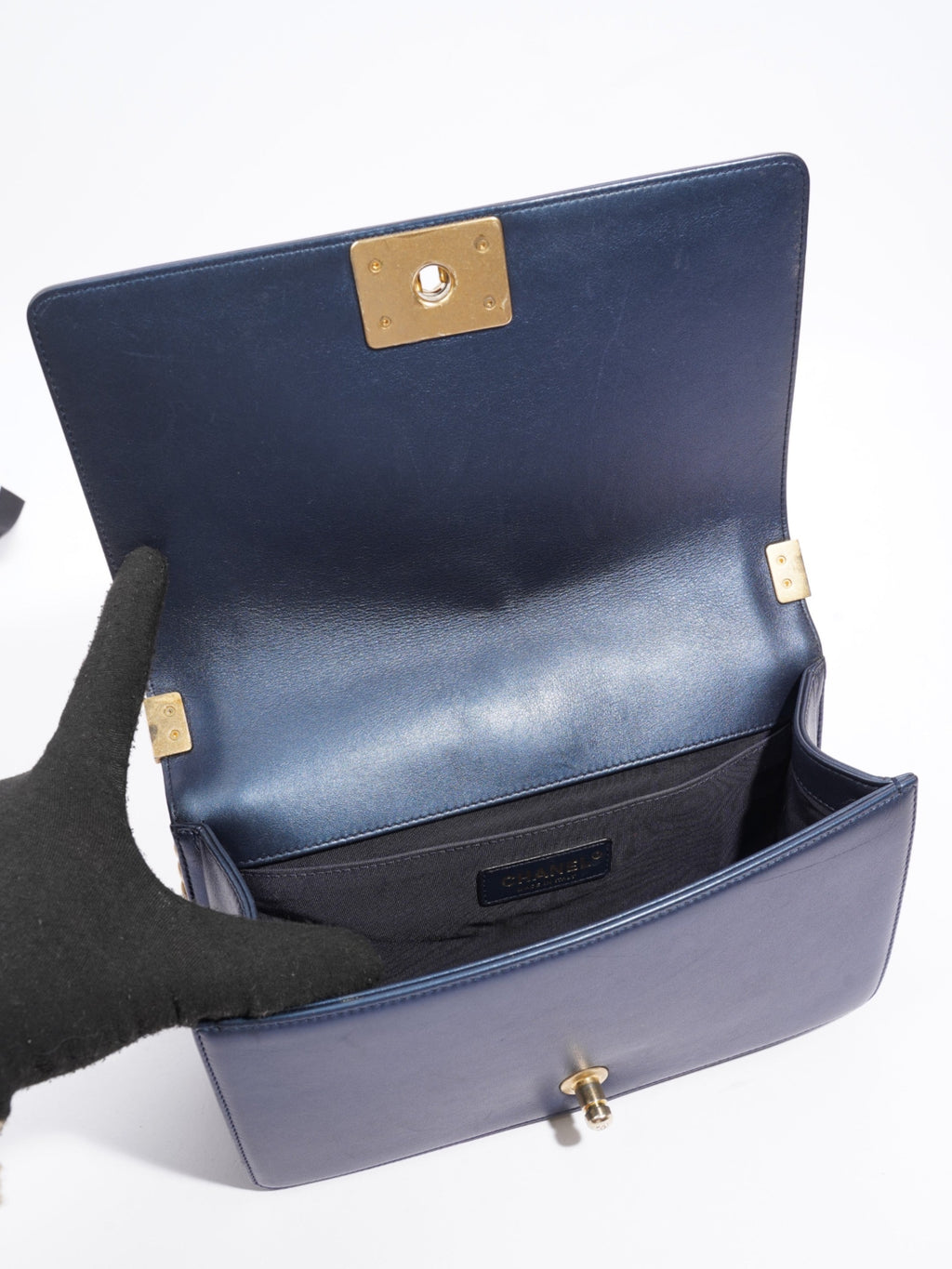 Chanel Boy Bag Navy Blue Lambskin Leather Medium