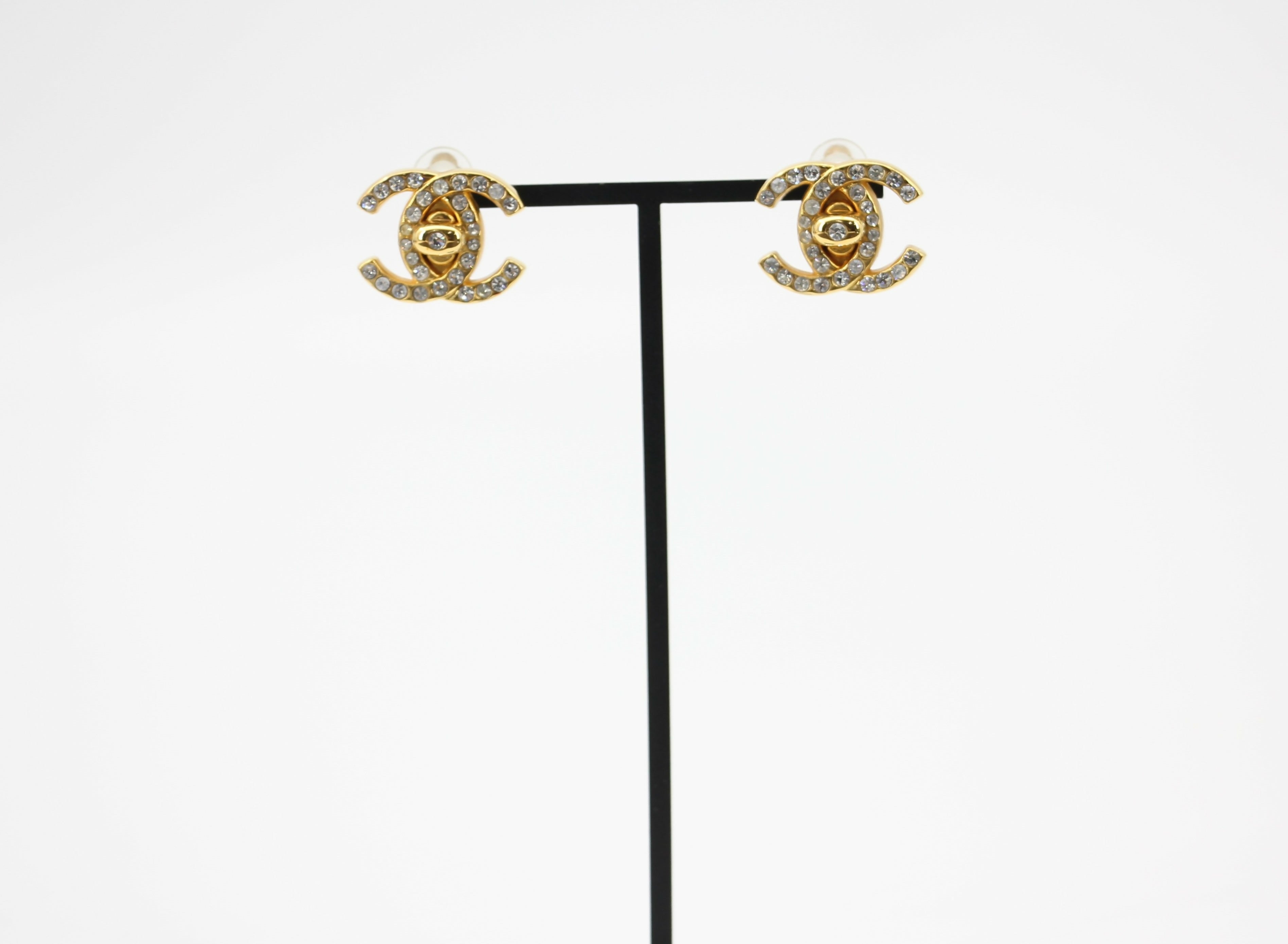 Chanel Vintage 96A Rhinestone & Gold-plated Backpack Buckle CC Clip-on Earrings