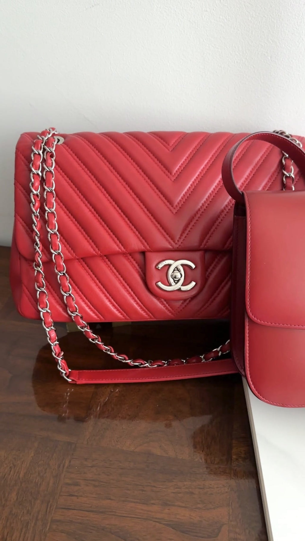 Chanel Red Jumbo Chevron Quilted Single Flap Bag SHW