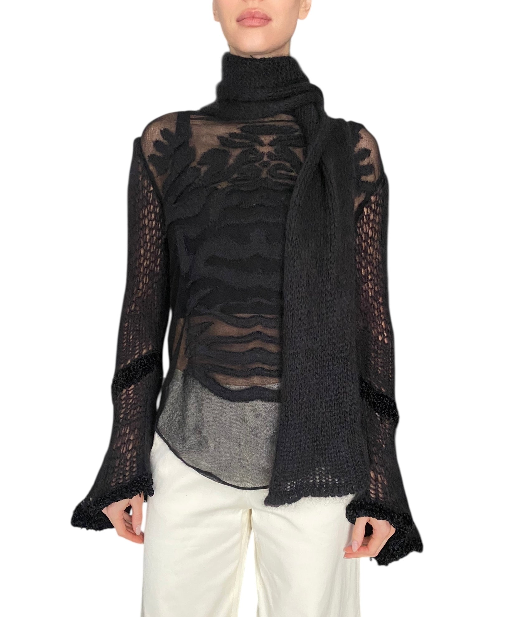 Jean Paul Gaultier Black Fine Knit Embroidered Turtleneck Sweater - XS / S