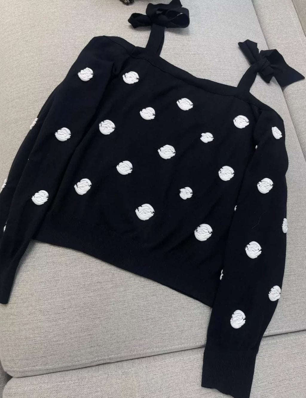 CHANEL 23K CAMÉLIA OFF SHOULDER TIE TOP