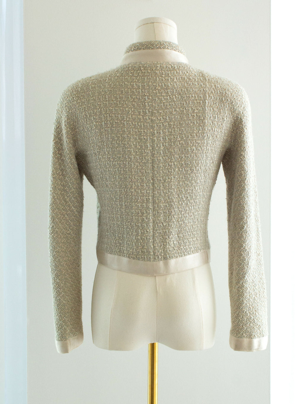 Chanel Vintage S/S1990 Seafood Green Cream Satin Bow Tweed Cropped Jacket