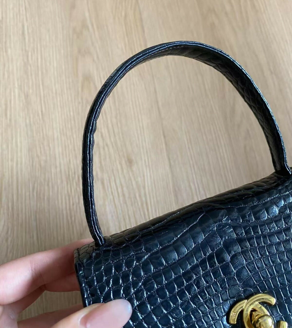 Chanel Vintage Black Crocodile Top Handle Kelly Bag