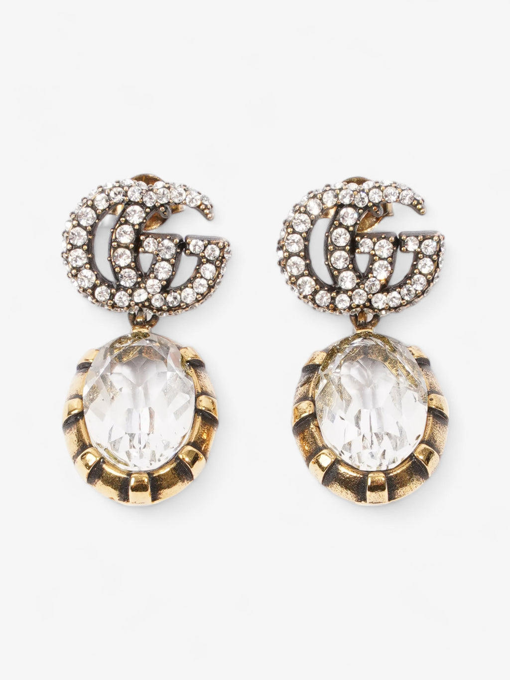 Gucci Crystal Double G Drop Earrings Aged Gold Base Metal