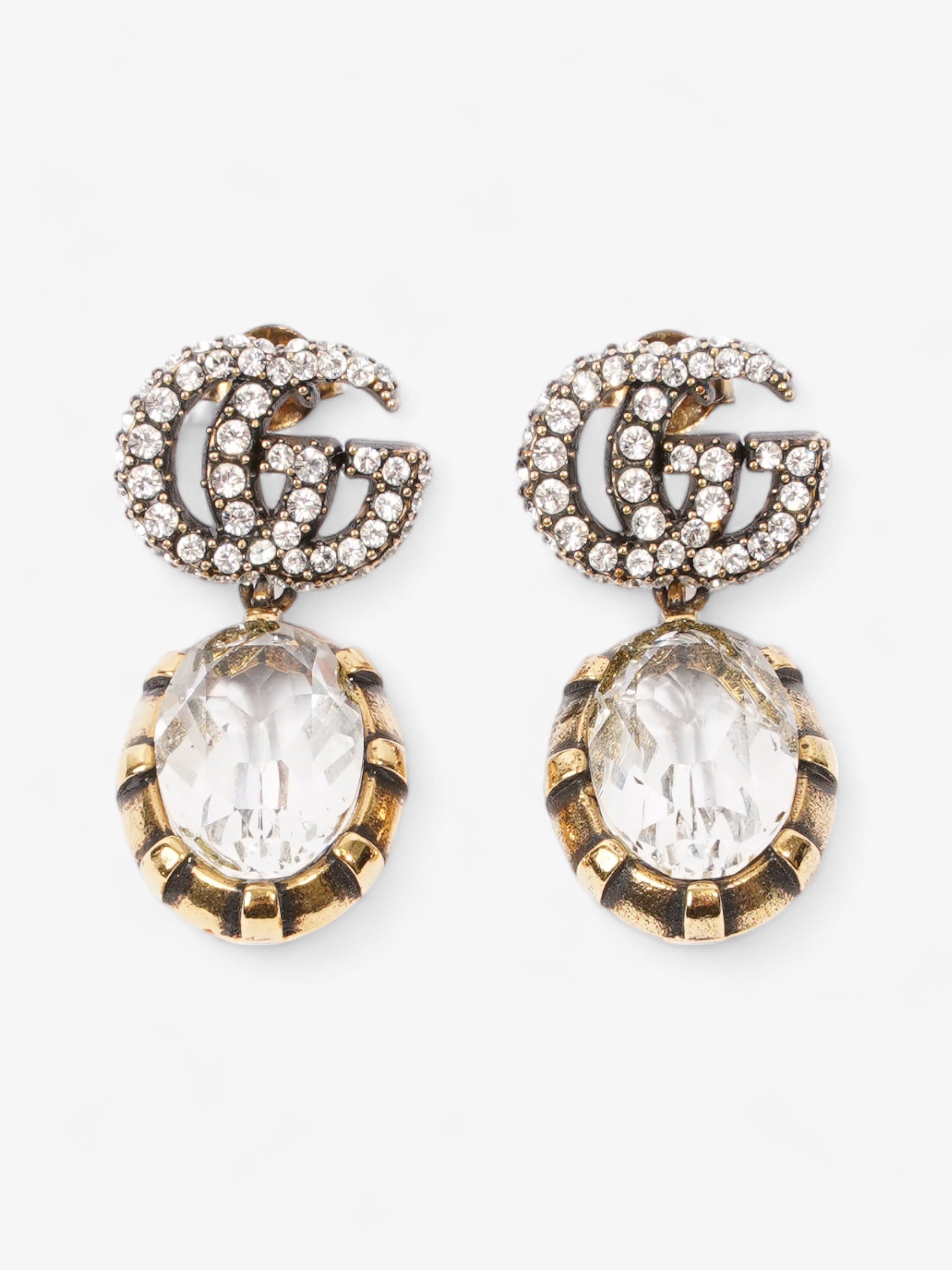 Gucci Crystal Double G Drop Earrings Aged Gold Base Metal