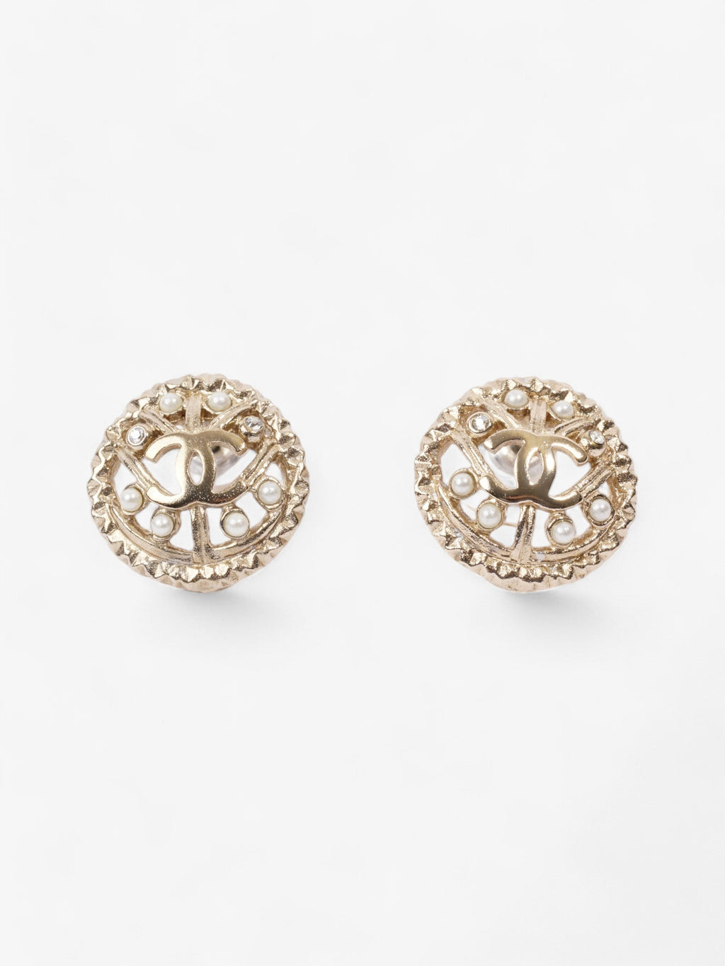 Chanel CC Round Pearl Earrings Gold Base Metal