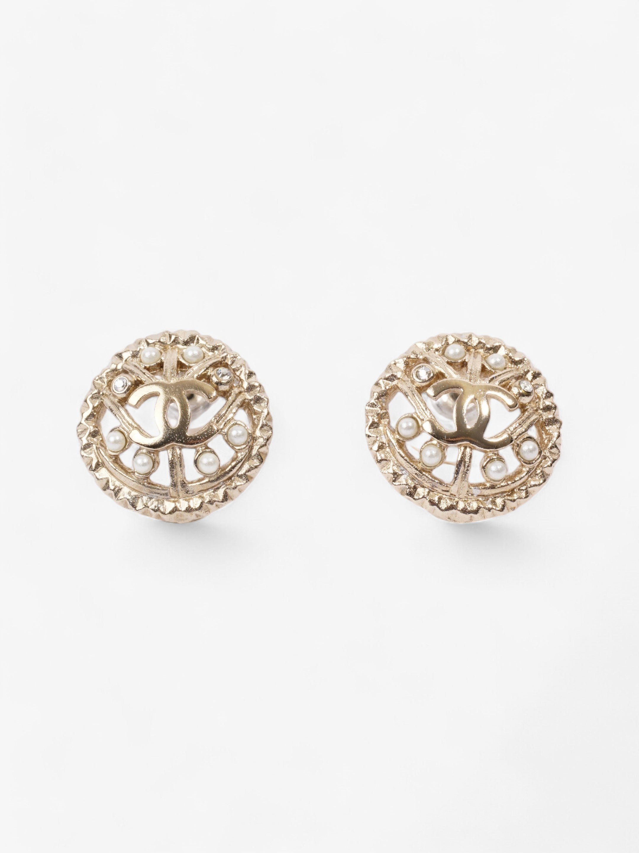 Chanel CC Round Pearl Earrings Gold Base Metal