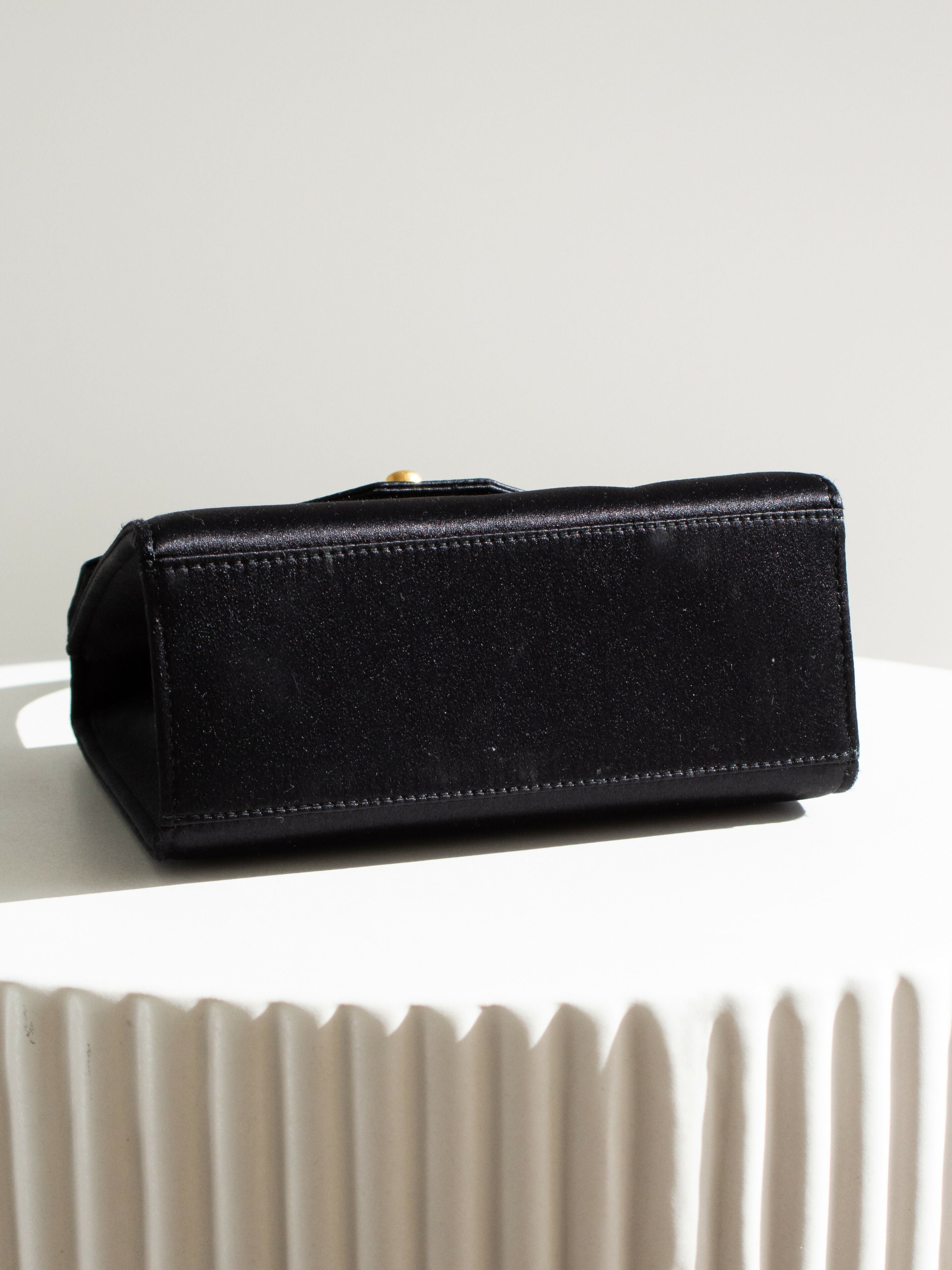 Chanel Vintage Kelly 1996 Black Satin 24K Gold Mini Evening Bag