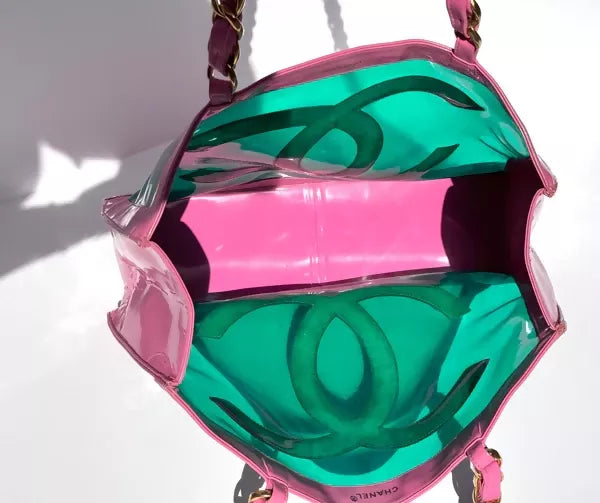 Chanel 1995 Vintage Barbie Pink Patent PVC Chunky Chain Tote Bag