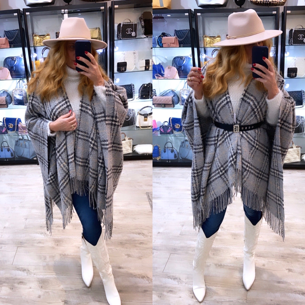 BURBERRY NOVA CHECK WOOL FRINGE CAPE