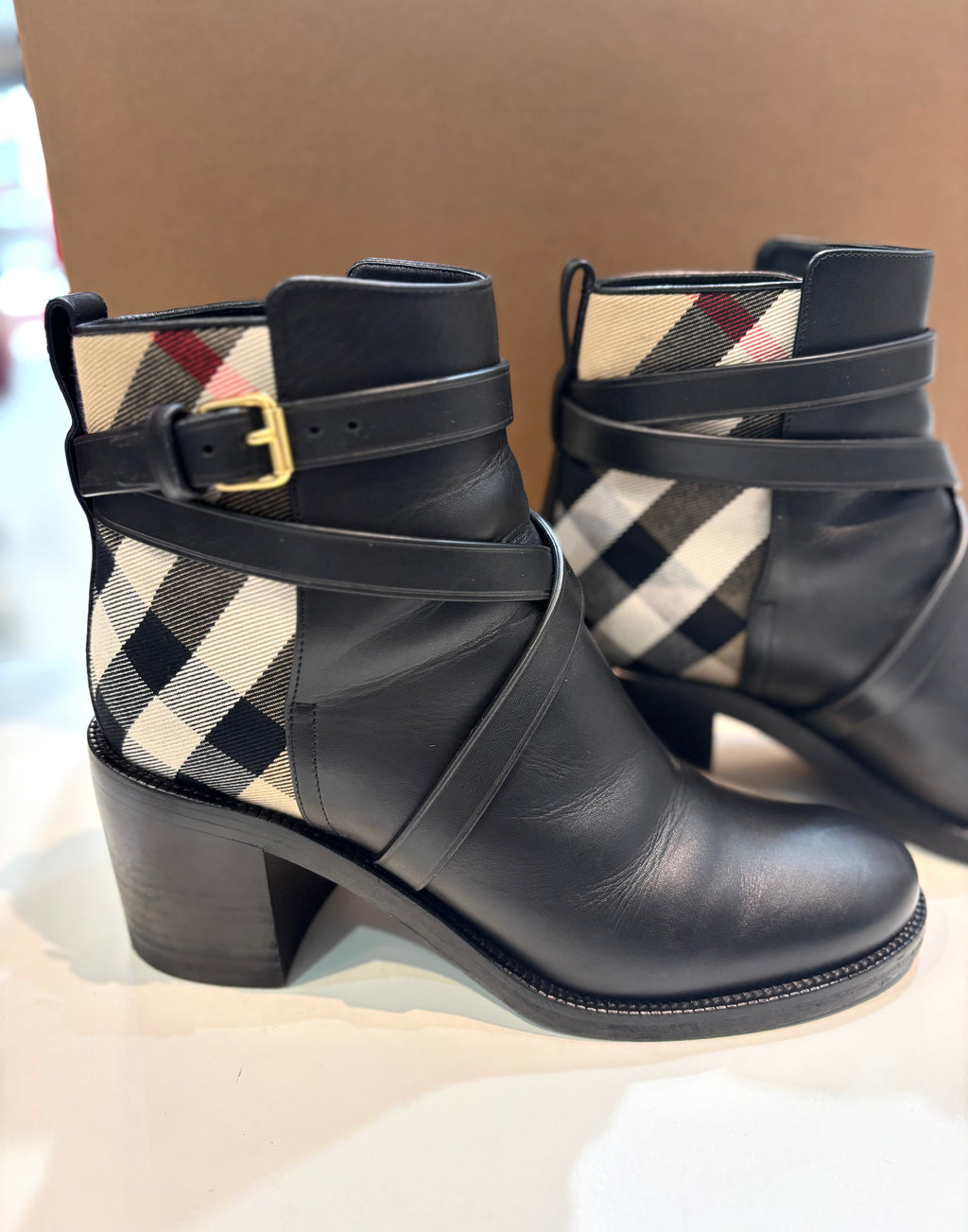 BURBERRY HOUSE CHECK PRYLE LEATHER ANKLE BOOTS