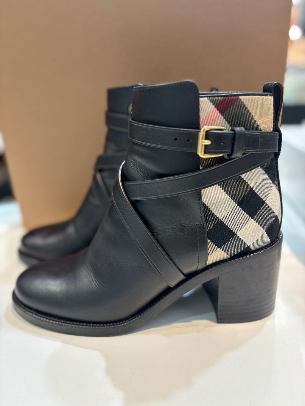 BURBERRY HOUSE CHECK PRYLE LEATHER ANKLE BOOTS