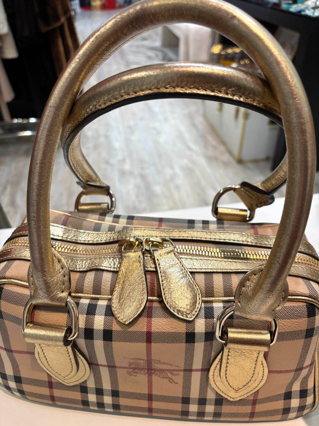 BURBERRY GOLD HAYMARKET CHECK PVC AND PATENT LEATHER BOWLER BAG